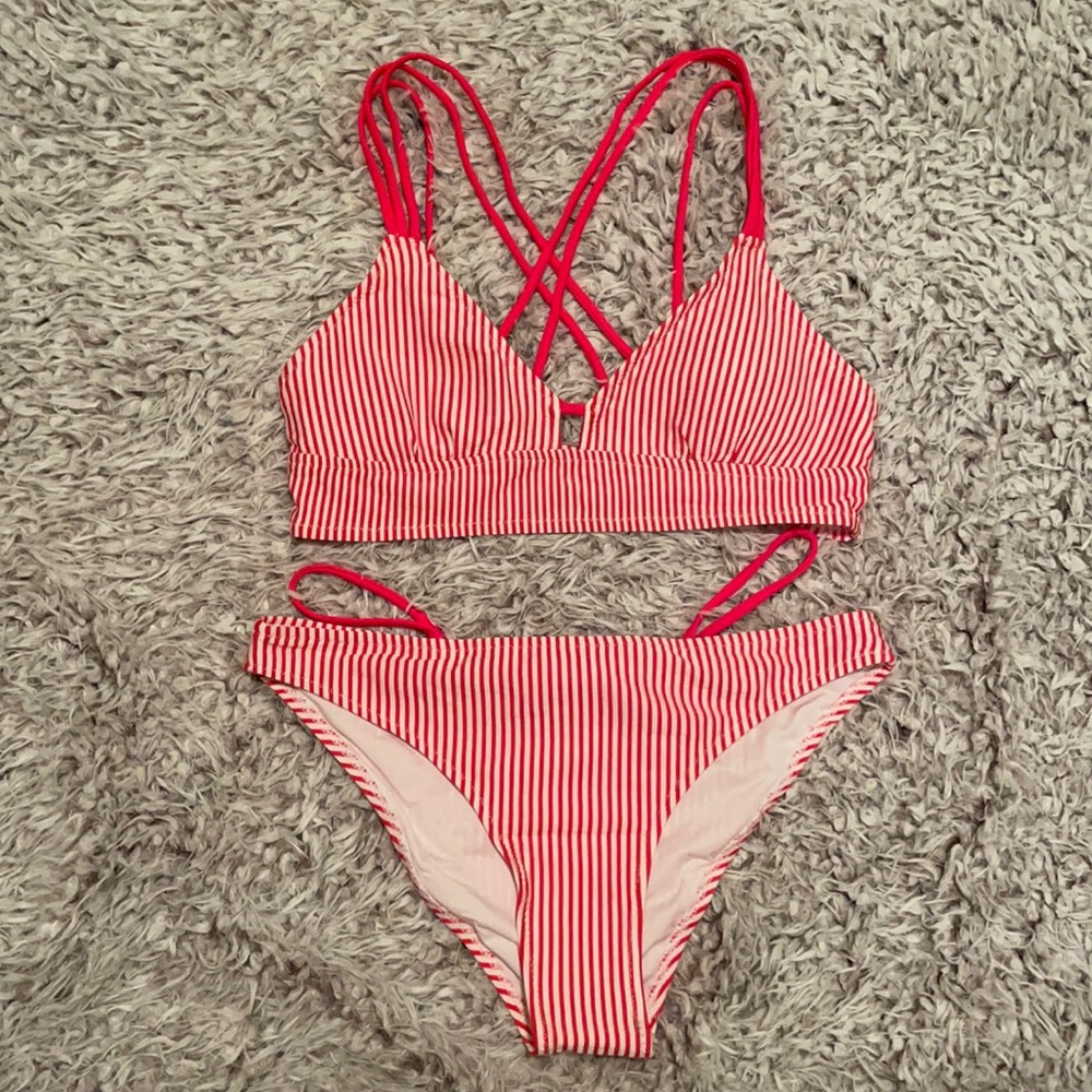 Red and white stripped bikini